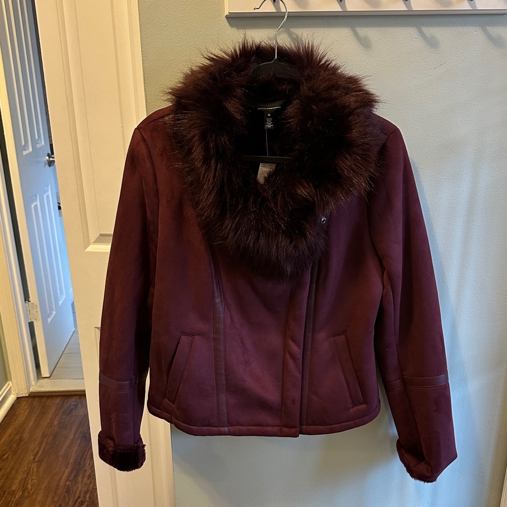 White House Black Market Burgundy Teddy Jacket with Faux Fur Collar
